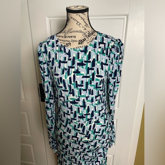 Eliza J NWT Abstract Print Long Sleeve Ruched Sheath Midi Dress Blue Teal Gray - Picture 2 of 8